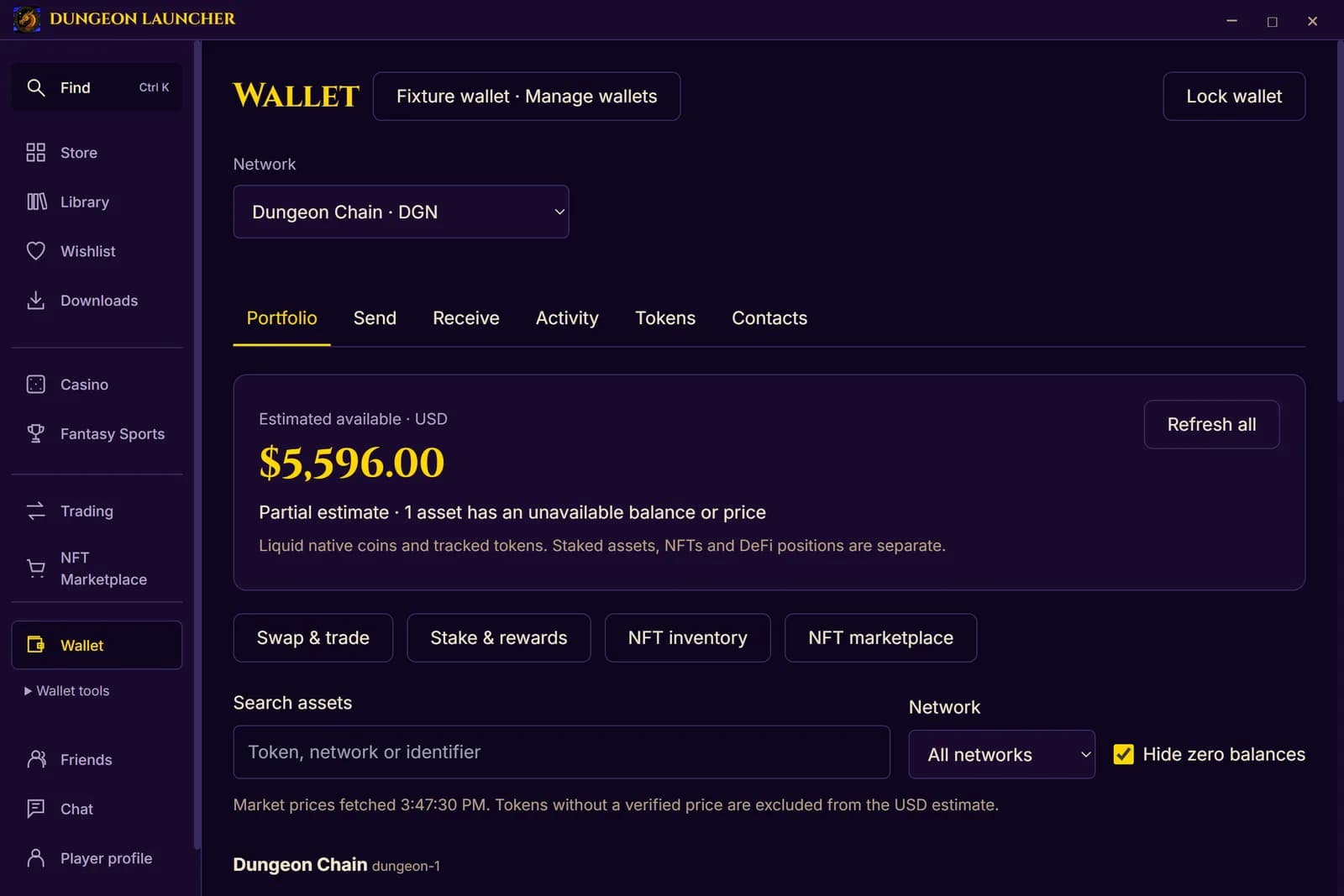 The built-in wallet showing a portfolio across networks