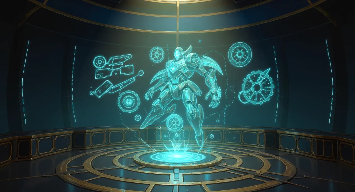A fantasy robotics arena filled with mechanical arms, glowing gears, and testing stations