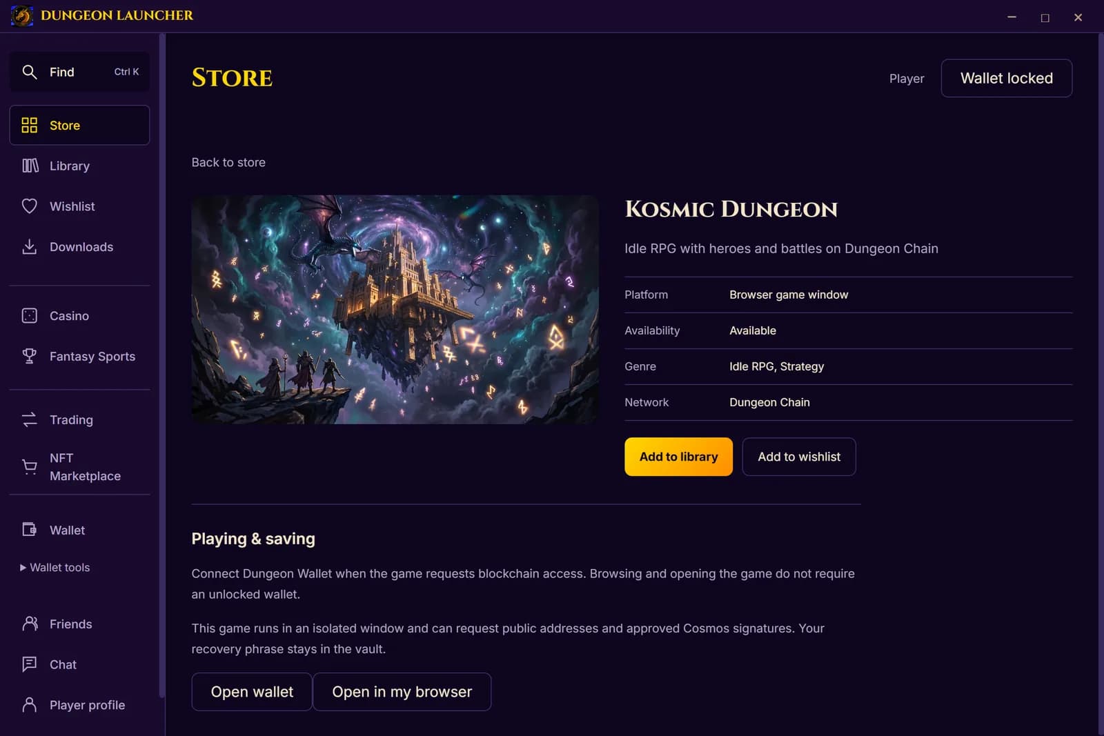 The Kosmic Dungeon details page inside the launcher