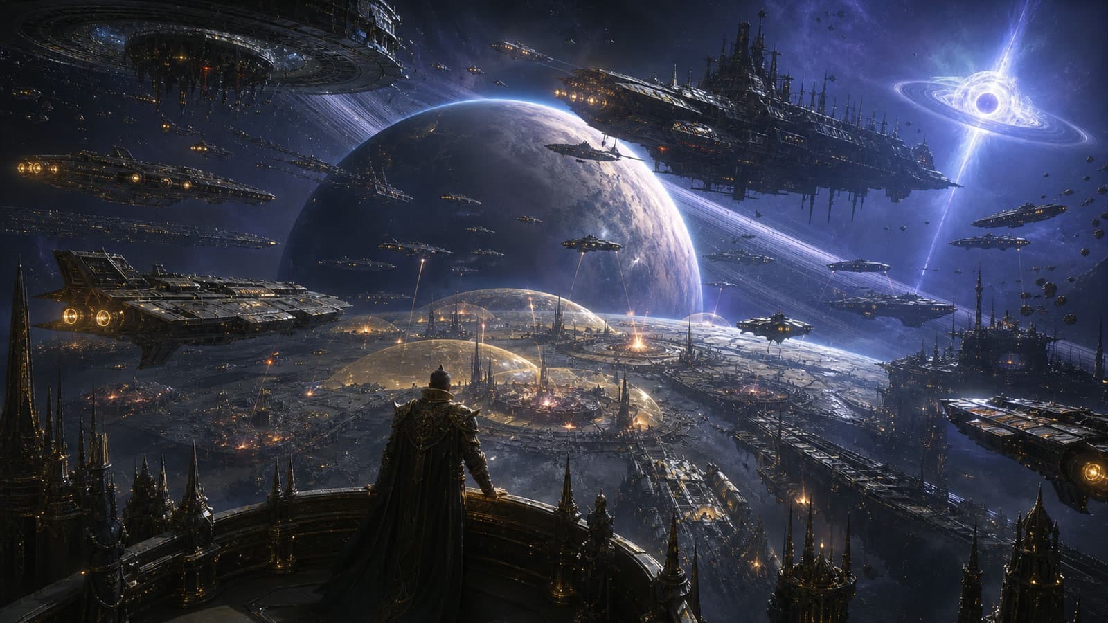 A commander overlooking a vast gothic star fleet and fortified planet