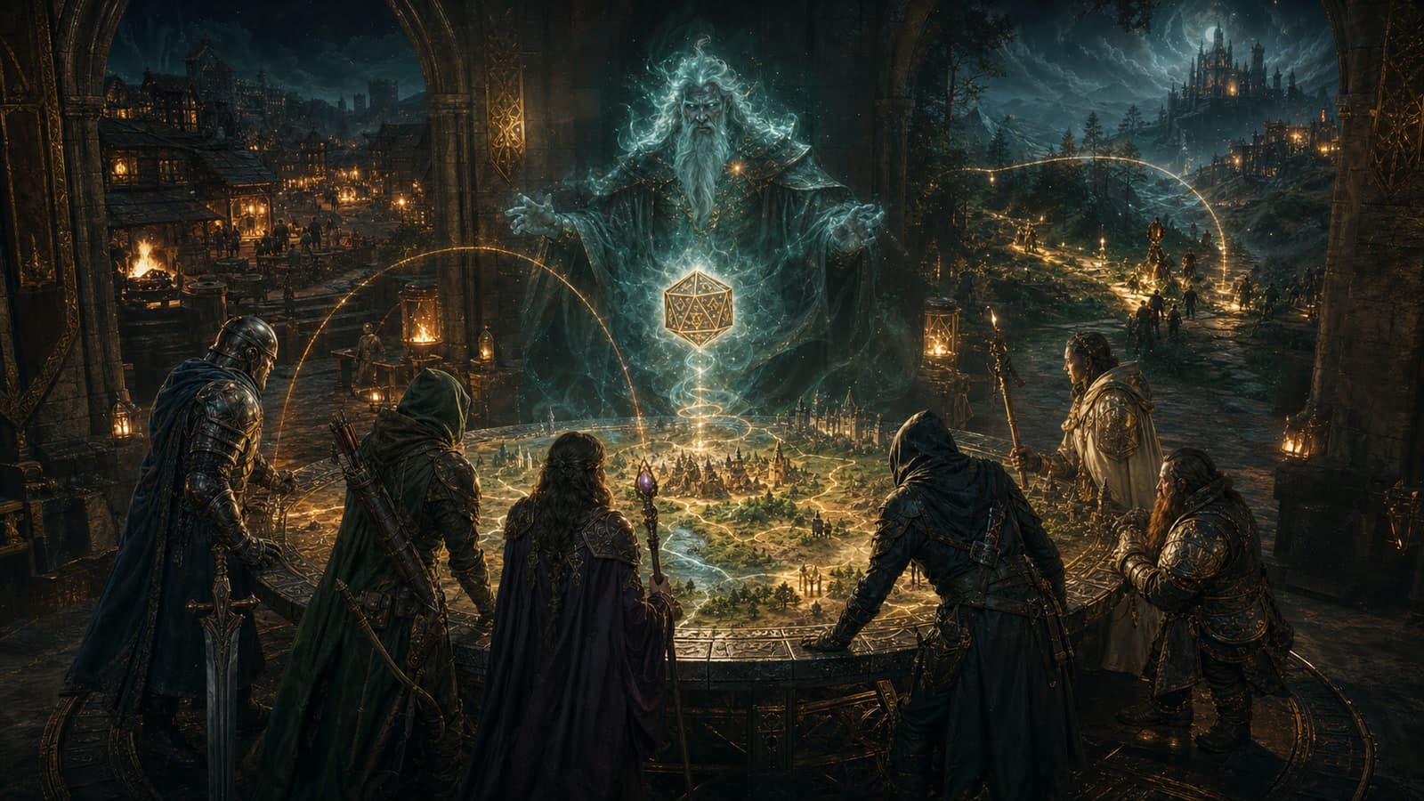 A fantasy party gathered around a living map while an arcane game master appears above it