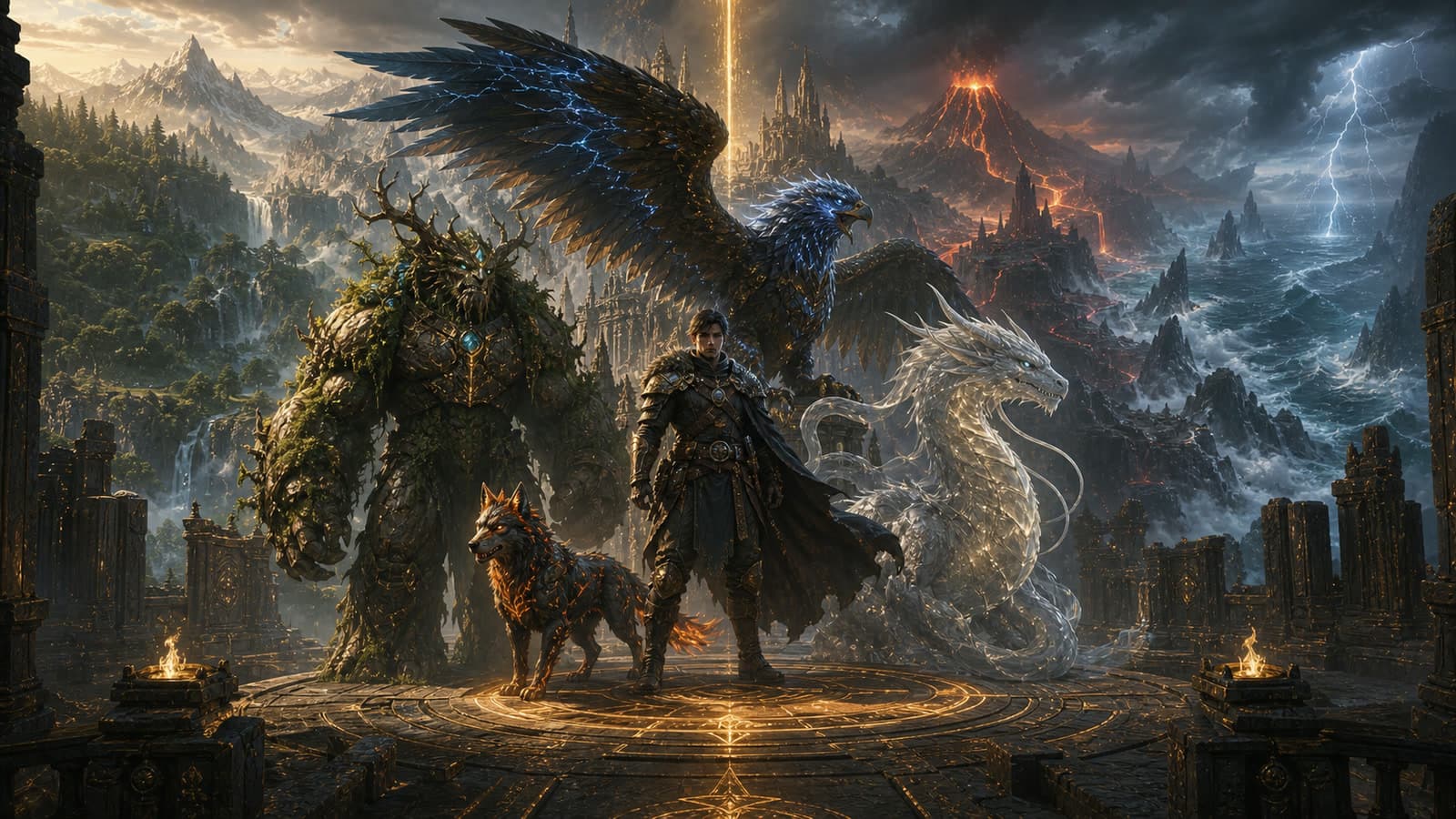 An adventurer commanding three elemental monsters across divided fantasy realms